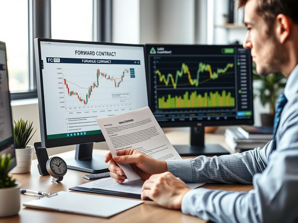 Business professional reviewing forward contract terms for safe currency strategies implementation