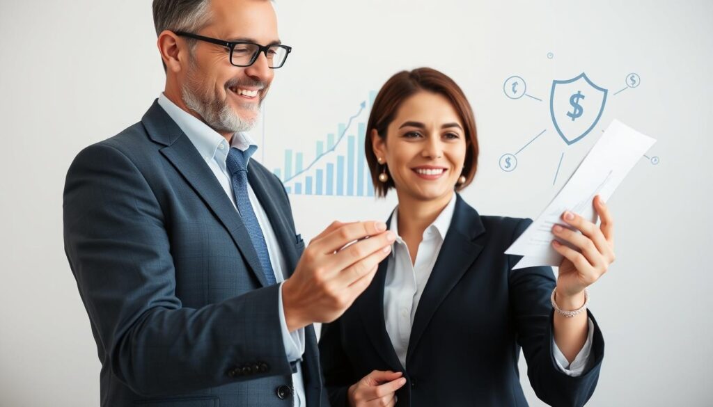 Confident investor reviewing safe currency strategy results with positive financial charts