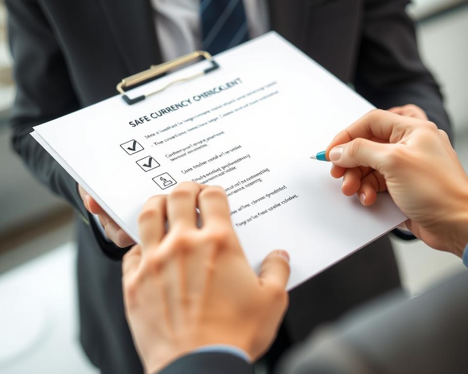 Person checking off items on a safe currency strategies implementation checklist