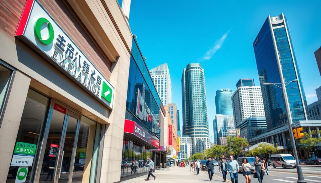 A bustling city street on a sunny day the facade of a currency exchange office prominently displayed in the foreground The building features a sleek modern design with floor to ceiling windows a prominent sign and a welcoming entrance In the middle ground pedestrians can be seen walking by indicating a high traffic area The background showcases the cityscape with tall skyscrapers other commercial buildings and a clear blue sky overhead conveying a sense of vibrancy and convenience The lighting is bright and natural creating a warm inviting atmosphere The camera angle is slightly elevated providing a comprehensive view of the scene and emphasizing the accessibility and prominence of the currency exchange service