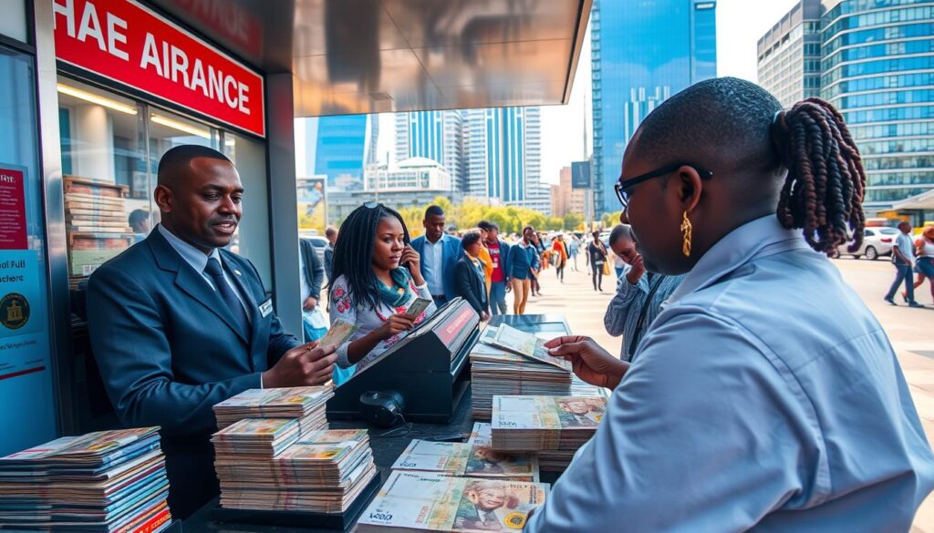 A bustling currency exchange booth situated in the heart of Botswanas vibrant urban center The foreground showcases the booths interior with a teller dressed in a crisp uniform exchanging Botswana Pula banknotes with international travelers Stacks of various foreign currencies are neatly displayed on the counter highlighting the diversity of clientele The middle ground captures the lively atmosphere with people queuing patiently and others walking by In the background the cityscape features modern high rise buildings their glass facades reflecting the bright warm sunlight The overall scene conveys a sense of efficiency cultural exchange and the practical utility of the Botswana Pula for visitors exploring the country