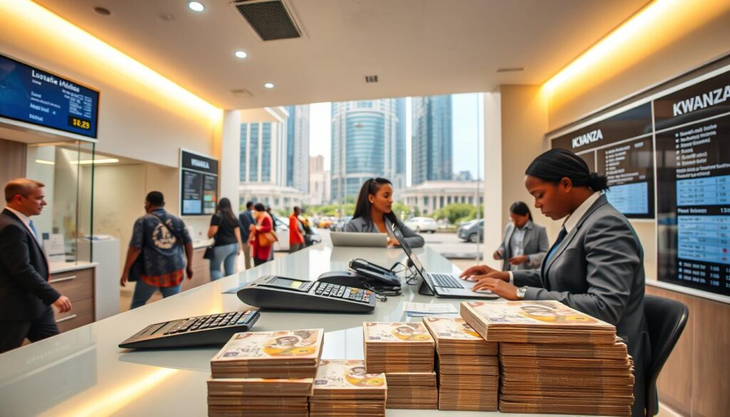 A bustling currency exchange kiosk in the heart of Luanda Angolas vibrant capital The foreground showcases a well lit counter with neatly stacked Kwanza banknotes a stack of calculators and a focused exchange agent assisting a customer In the middle ground the interior features sleek modern design elements like glass partitions and digital displays showcasing current exchange rates The background captures the dynamic energy of the city with people hurrying by and the iconic skyscrapers of Luandas financial district visible through large windows Warm diffused lighting creates a welcoming atmosphere conveying the importance of the Kwanza as the stable national currency of Angola