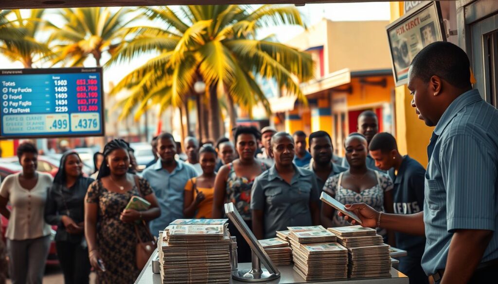 A bustling currency exchange kiosk in the heart of a Cape Verdean town The foreground showcases a well lit counter manned by an attentive attendant surrounded by neatly stacked piles of various banknotes and a digital display board showing exchange rates In the middle ground customers line up patiently their faces reflecting a mix of anticipation and curiosity The background depicts a lively street scene with palm trees swaying gently and vibrant buildings creating a warm tropical ambiance The lighting is soft and natural casting a golden glow across the scene and accentuating the colors of the local currency The overall atmosphere conveys the efficient yet welcoming experience of exchanging currency in this island nation