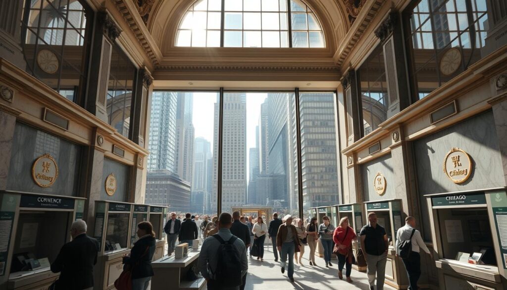 A bustling downtown currency exchange office in Chicago with a grand neoclassical facade and ornate details Sunlight streams in through large windows illuminating the polished marble interior and the rows of teller booths where customers exchange currencies at competitive rates The space is filled with the hum of activity as people from all walks of life move through conveying a sense of the citys vibrant diverse financial center In the background the towering skyscrapers of the Chicago skyline can be seen through the windows emphasizing the central urban location of this currency exchange establishment
