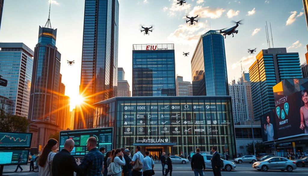 A bustling financial district towering skyscrapers casting long shadows under a warm golden sunset In the foreground a group of professionals deeply engaged in blockchain powered trading charts and analytics displayed on their sleek holographic displays The middle ground features a modern glass fronted learning center its facade adorned with the logos of leading cryptocurrency and blockchain education programs In the background a vibrant cityscape with autonomous vehicles gliding by and drones buzzing overhead symbolizing the innovative tech driven career paths opened up by mastering blockchain trading and education The scene conveys a sense of dynamism opportunity and the potential for rewarding future focused careers