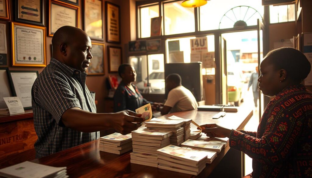 A bustling street exchange office in a vibrant Burundian city sunlight streaming through the windows casting warm hues on the scene In the foreground a customer exchanges foreign currency for Burundian francs the transaction unfolding across a sturdy wooden counter The middle ground features stacks of bills the distinctive violet and yellow colors of the Burundian franc visible In the background subtle details of the office's decor, such as framed certificates and exchange rate charts, provide context. The atmosphere is one of efficient yet friendly financial exchange, reflecting the practical realities of using the local currency in Burundi.