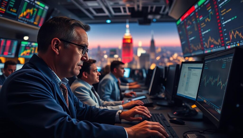 A bustling trading floor illuminated by the glow of multiple screens Traders intently focused their expressions a mix of concentration and determination In the foreground a seasoned trader leans forward fingers dancing across the keyboard as they make split second decisions The middle ground is a mosaic of charts graphs and real time data reflecting the volatility of the foreign exchange market In the background a panoramic view of the city skyline a reminder of the high stakes world they operate in Crisp realistic lighting and a cinematic tension filled atmosphere capture the essence of real life Forex trading