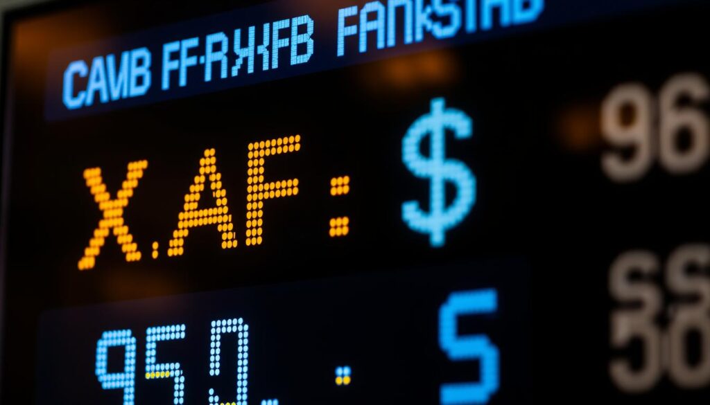 A close up view of an electronic exchange rate display board showcasing the real time conversion between the Central African CFA Franc XAF and the United States Dollar USD The display is illuminated with a warm soft light creating a professional and authoritative atmosphere The numbers are clearly visible with a modern minimalist design The background is slightly blurred focusing the viewers attention on the exchange rate information The image conveys a sense of financial stability and transparency reflecting the subject matter of the articles section on Current Exchange Rates and Value Analysis