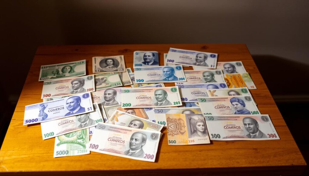 A collection of Comoros banknotes displayed on a wooden table illuminated by soft warm lighting The notes in various denominations and designs ranging from vibrant blues and greens to intricate patterns are neatly arranged showcasing the unique and diverse currency of the Comoros Islands The table is positioned against a neutral background allowing the banknotes to be the focal point highlighting the growing hobby of collecting these distinctive financial artifacts
