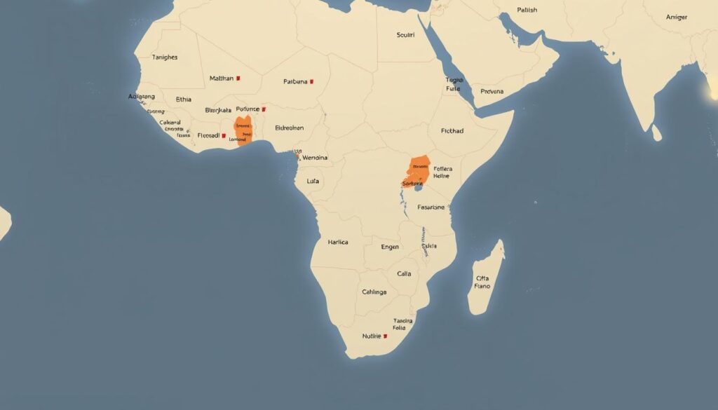 A detailed map of the CFA franc zone showcasing the countries that use the CFA franc as their official currency The map should be rendered in a clean cartographic style with crisp borders and clearly labeled country names The landmasses should have a muted earthy color palette while the CFA franc zone countries are highlighted in a contrasting vibrant hue The map should be framed in a wide shot placing the African continent in the center with the surrounding oceans visible in the background The lighting should be soft and evenly distributed creating a professional informative atmosphere suitable for an academic article