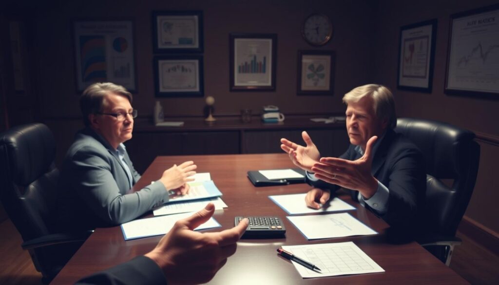 A dimly lit office space with a large desk and two chairs facing each other On the desk financial documents a calculator and a pen rest neatly The walls are adorned with framed certificates and financial charts casting a warm professional atmosphere In the foreground two hands gesturing as they discuss the intricacies of 403b and 457 retirement plans their expressions thoughtful and engaged The lighting is soft creating a sense of focused attention and careful consideration The scene conveys the importance of understanding the differences between these two retirement account types with a tone of expertise and guidance