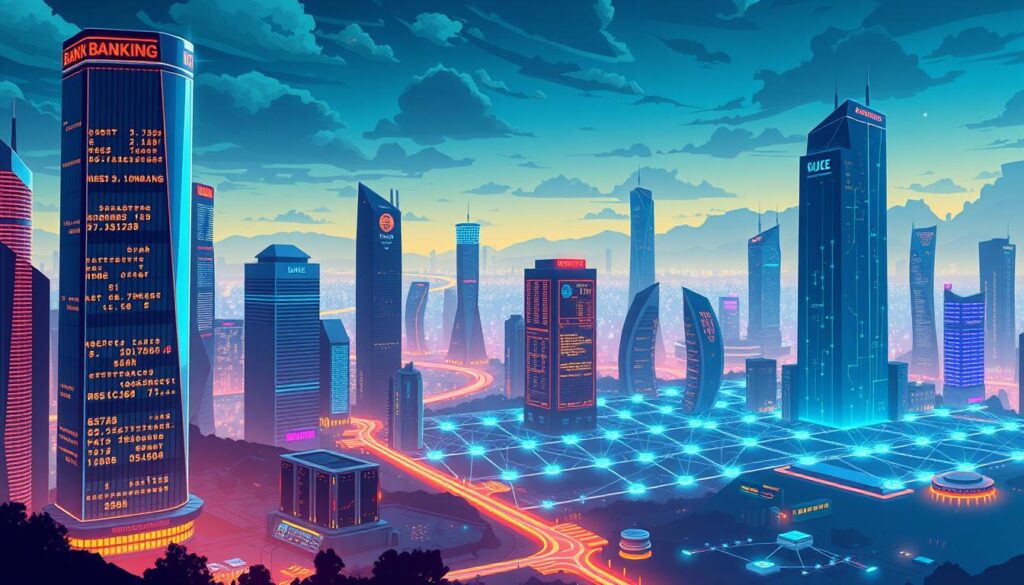 A futuristic cityscape with a striking juxtaposition of traditional banking towers and emerging cryptocurrency hubs In the foreground sleek glass paneled skyscrapers representing the legacy financial institutions stand tall their facades reflecting the digital displays of stock tickers and exchange rates In the middle ground a network of interconnected blockchain nodes and server farms hum with activity their bright LED lights illuminating the night sky The background is a vibrant neon lit landscape where holographic displays and augmented reality interfaces showcase the seamless integration of cryptocurrency wallets and decentralized finance platforms The scene conveys a sense of transition where the old and the new coexist hinting at the disruptive impact of cryptocurrency on the traditional banking industry