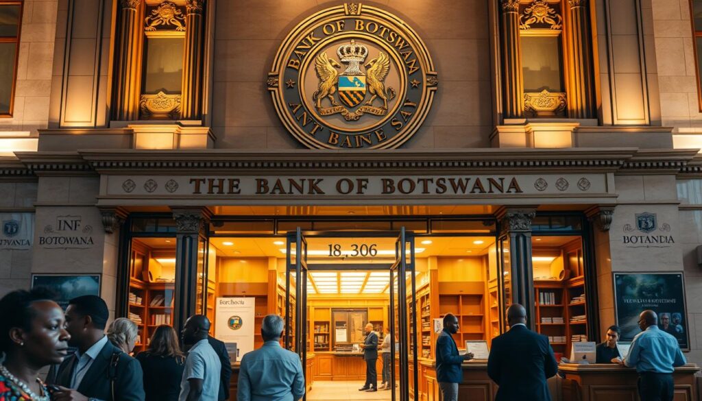 A grand ornate building with the iconic seal of the Bank of Botswana prominently displayed The facade is adorned with intricate architectural details exuding a sense of authority and stability In the foreground a line of people waiting to enter the bank their faces reflecting the importance of the financial institution The interior is bathed in warm golden lighting with tellers assisting customers at polished wooden counters Shelves and cabinets line the walls housing the meticulous management of the Botswana Pula the nations official currency The scene conveys the well organized and efficient operation of the central bank responsible for maintaining the stability and value of the Pula