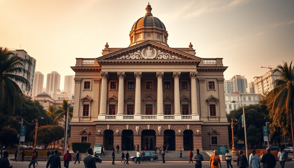 A grand ornate facade of the Banco Nacional de Angola the central bank of Angola set against a backdrop of a bustling city skyline The buildings neo classical architecture features grand columns intricate carvings and a towering dome exuding a sense of stability and authority The scene is bathed in warm golden light creating a regal and prestigious atmosphere In the foreground people go about their business hinting at the banks role in the nations financial affairs The image conveys the significance of Angolas national bank and its management of the kwanza the countrys official currency