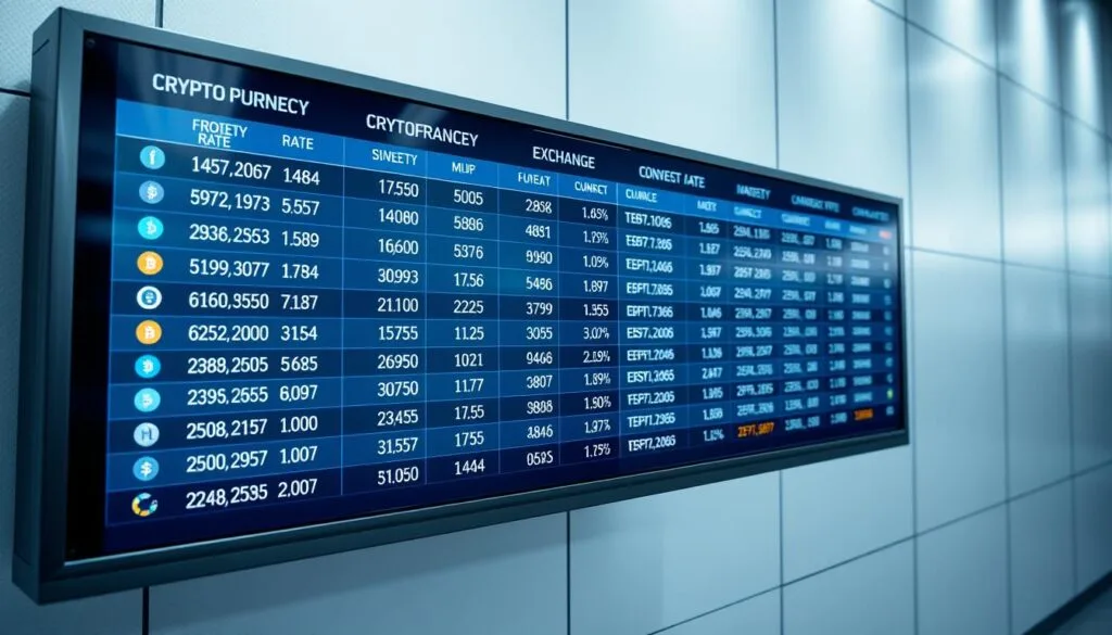A highly detailed wellorganized and visually striking crypto currency conversion rates table presented on a sleek minimalist digital display The table features bold legible typography showcasing the latest exchange rates between various cryptocurrencies and major fiat currencies set against a cooltoned highcontrast color scheme with clean lines and subtle gradients The display is captured from a slightly elevated frontal angle under bright even lighting that accentuates the tables clarity and precision The overall mood is one of professionalism modernity and financial authority reflecting the subjects focus on providing reliable and accessible crypto conversion services A highly detailed well organized and visually striking crypto currency conversion rates table presented on a sleek minimalist digital display The table features bold legible typography showcasing the latest exchange rates between various cryptocurrencies and major fiat currencies set against a cool toned high contrast color scheme with clean lines and subtle gradients The display is captured from a slightly elevated frontal angle under bright even lighting that accentuates the tables clarity and precision The overall mood is one of professionalism modernity and financial authority reflecting the subjects focus on providing reliable and accessible crypto conversion services