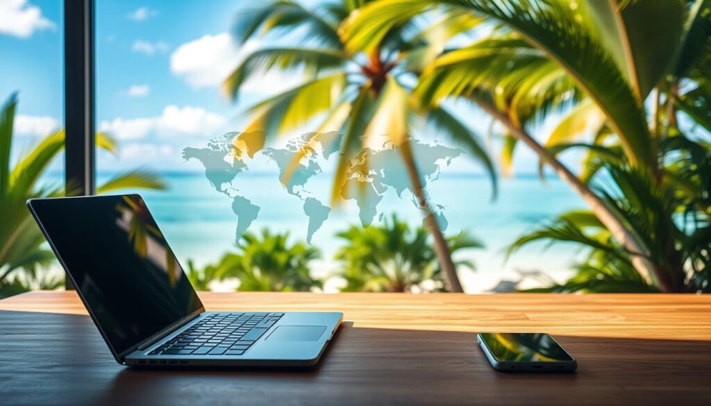A serene digital workspace set against a backdrop of lush tropical foliage In the foreground a sleek laptop and mobile device are nestled on a minimalist wooden desk hinting at the mobile lifestyle of a digital nomad Subtle lighting from a large window casts a warm glow creating a calming productive atmosphere In the middle ground a stylized world map and banking icons suggest the global financial services available to this modern location independent professional The background features a picturesque view of a pristine beach palm trees swaying gently capturing the essence of the overseas mobile banking experience