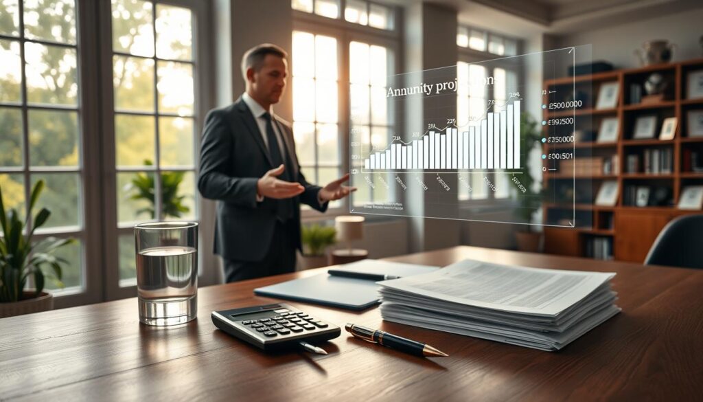A serene financial planning office with large windows overlooking a tranquil garden In the foreground a wooden desk features a stack of documents and a calculator representing the careful analysis of annuities On the desk a glass of water and a stylish pen conveying a sense of focus and professionalism The middle ground showcases a well dressed financial advisor gesturing towards a holographic display that illustrates annuity projections and retirement income streams The background is softly lit with bookshelves and framed certificates exuding an atmosphere of expertise and reliability The overall scene evokes a sense of stability security and the trusted guidance needed for retirement planning