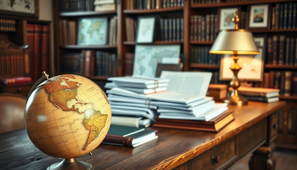 A serene study filled with the tools of financial exploration In the foreground a weathered globe rests on a sturdy oak desk hinting at the international scope of financial opportunities Midground showcases neatly stacked folders and ledgers representing the careful documentation of foreign residency account types Soft warm lighting from a brass desk lamp casts a cozy glow creating an atmosphere of thoughtful contemplation In the background bookshelves brimming with financial tomes and framed maps suggest a depth of knowledge ready to be unlocked This image evokes a sense of discovery guiding the viewer to explore the possibilities of foreign residency account options