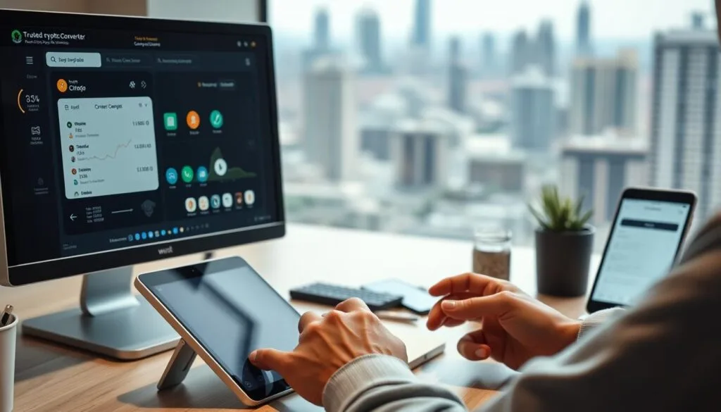 A serene welllit workspace with a desktop computer tablet and mobile phone arranged neatly In the foreground a users hands carefully navigating the steps of a crypto conversion process on the screen with various crypto icons and charts visible The middle ground showcases a clean minimalist user interface of a trusted crypto converter platform guiding the user through the conversion workflow The background features a soothing blurred cityscape conveying a sense of efficiency and financial security The overall scene exudes a calming professional atmosphere inviting the viewer to engage with the crypto conversion process with confidence and ease A serene well lit workspace with a desktop computer tablet and mobile phone arranged neatly In the foreground a users hands carefully navigating the steps of a crypto conversion process on the screen with various crypto icons and charts visible The middle ground showcases a clean minimalist user interface of a trusted crypto converter platform guiding the user through the conversion workflow The background features a soothing blurred cityscape conveying a sense of efficiency and financial security The overall scene exudes a calming professional atmosphere inviting the viewer to engage with the crypto conversion process with confidence and ease