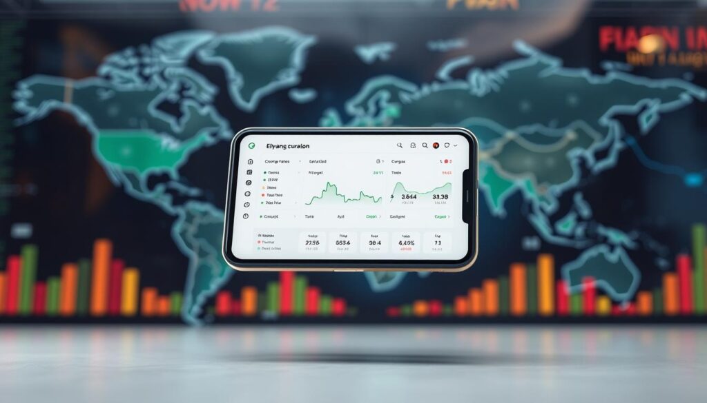 A sleek minimalist currency conversion app interface hovers against a blurred background of world maps and financial graphs In the foreground a clean dashboard displays live exchange rates seamlessly toggling between major currencies The middle ground showcases intuitive conversion tools allowing users to effortlessly swap amounts with a few taps Subtle lighting casts a warm glow creating a sense of precision and reliability The overall mood is one of efficiency and technological sophistication reflecting the apps enhanced features for instant accurate currency conversion