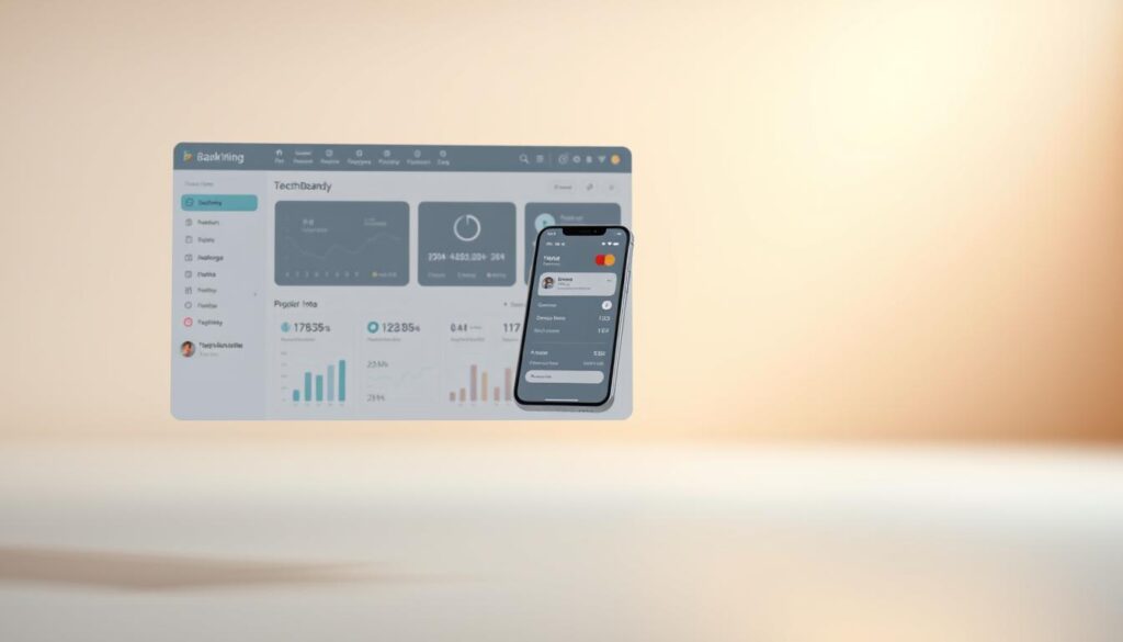 A sleek minimalist digital banking platform interface floating in a serene ethereal space The foreground features a clean intuitive dashboard with touchscreen controls elegant typography and meaningful data visualizations In the middle ground a smooth transparent mobile device hovers showcasing seamless banking app interactions The background is a softly lit ambient setting conveying a sense of modern secure and accessible financial technology for the modern globally mobile expatriate user Crisp high resolution rendering with natural lighting and depth of field