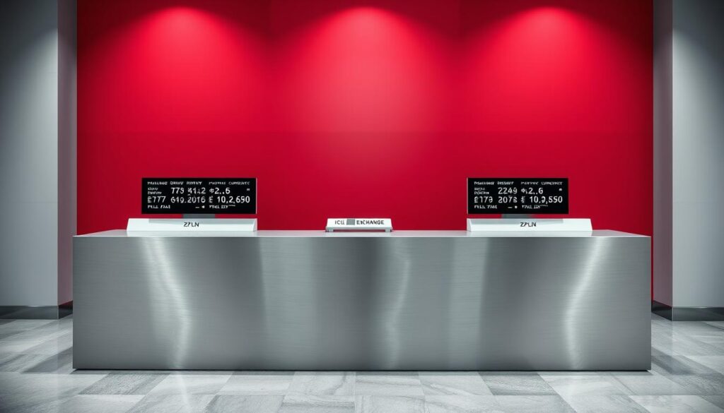 A sleek modern currency exchange counter set against a backdrop of the Polish flag The counter is made of polished brushed metal with digital displays showing real time exchange rates for the Polish złoty PLN against major global currencies The lighting is bright and even creating a professional business like atmosphere The scene is captured from a slightly elevated angle giving a sense of scale and authority The overall mood conveys trust reliability and the importance of the złoty's value on the international market.