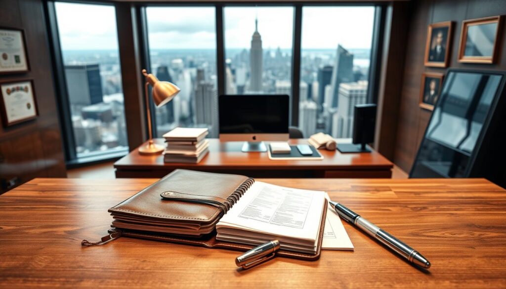 A sleek modern office interior with a large wooden desk and a panoramic window overlooking a bustling cityscape On the desk a stack of official looking documents a desktop computer and a brass desk lamp casting a warm glow In the foreground a leather bound ledger and a silver fountain pen conveying the sense of meticulous record keeping and financial oversight The walls are adorned with framed certificates and artwork suggesting an air of professionalism and authority The lighting is a mix of natural daylight and subtle artificial illumination creating a sophisticated and authoritative atmosphere