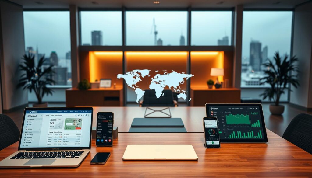 A sleek modern office setting with a large desk showcasing various digital banking and financial management apps and tools The foreground features a laptop smartphone and tablet displaying account balances transaction histories and budgeting dashboards In the middle ground a stylized world map or globe representation highlights the global connectivity of digital nomad banking The background features minimalist decor warm lighting and large windows overlooking a cityscape conveying a sense of productivity mobility and financial empowerment for the digital nomad lifestyle