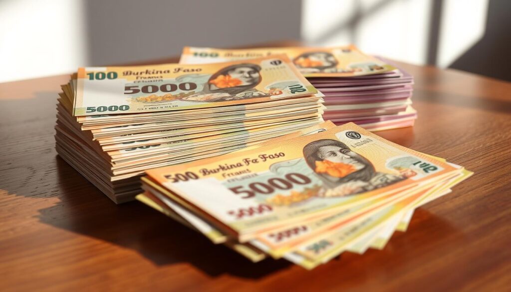 A stack of Burkina Faso banknotes arranged neatly on a wooden table under soft directional lighting that casts subtle shadows The bills are crisp and well preserved showcasing the intricate designs and vibrant colors that characterize the West African CFA franc The foreground features several denominations including the 500 1000 and 5000 franc notes while the middle and background layers display a variety of other bill types The overall composition emphasizes the physical attributes and visual appeal of the Burkinabe currency creating a visually compelling representation of the Denominations and Physical Characteristics section of the article