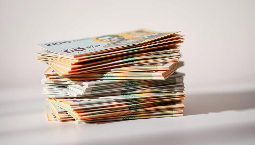 AstackofCameroonCentralAfricanCFAfrancXAFbanknotesneatlyarrangedandilluminated Worldwide Currency Exchange A stack of Cameroon Central African CFA franc XAF banknotes neatly arranged and illuminated by soft diffused lighting The notes display intricate designs and security features showcasing the distinct visual identity of the Cameroonian currency The banknotes are set against a clean neutral background allowing the vibrant colors and patterns to take center stage The overall composition conveys a sense of stability reliability and the cultural heritage of Cameroon's financial system.