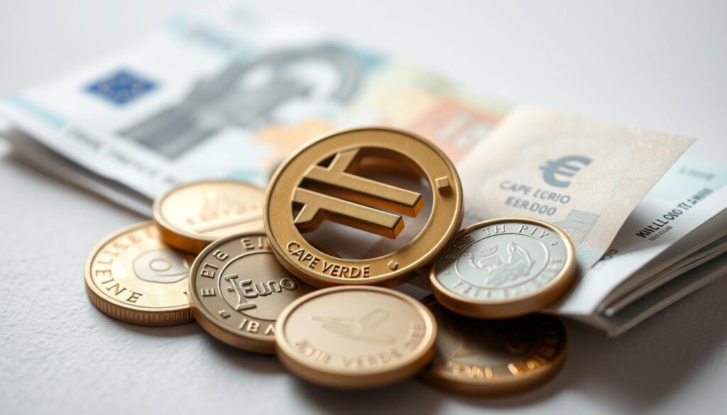 A tranquil close up view of the Cape Verdean escudo currency its coins and banknotes seamlessly intertwined with the iconic euro symbol The escudos bold distinct design stands in harmonious contrast to the sleek modern euro insignia symbolizing the unique peg between the two currencies Soft diffused lighting illuminates the scene creating a sense of balance and integration The composition emphasizes the symbiotic relationship capturing the essence of Cape Verdes monetary system and its deep connection to the European economic framework