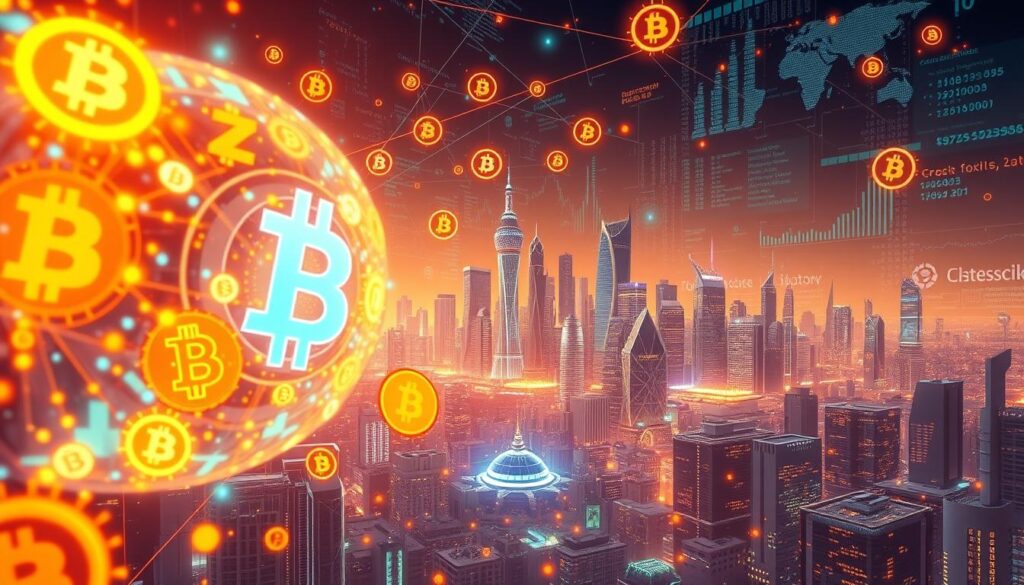 A vast interconnected global network of digital currencies blockchain technologies and financial transactions In the foreground a kaleidoscope of vibrant holographic cryptocurrency symbols float and interact casting a futuristic glow In the middle ground a cityscape of towering skyscrapers and futuristic architecture symbolizes the integration of digital finance into the urban landscape The background features a dynamic pulsing backdrop of data streams code and financial analytics conveying the scale and complexity of the digital currency revolution Warm diffused lighting illuminates the scene creating a sense of technological innovation and progress Cinematic wide angle perspective to capture the grand sweeping nature of this global trend