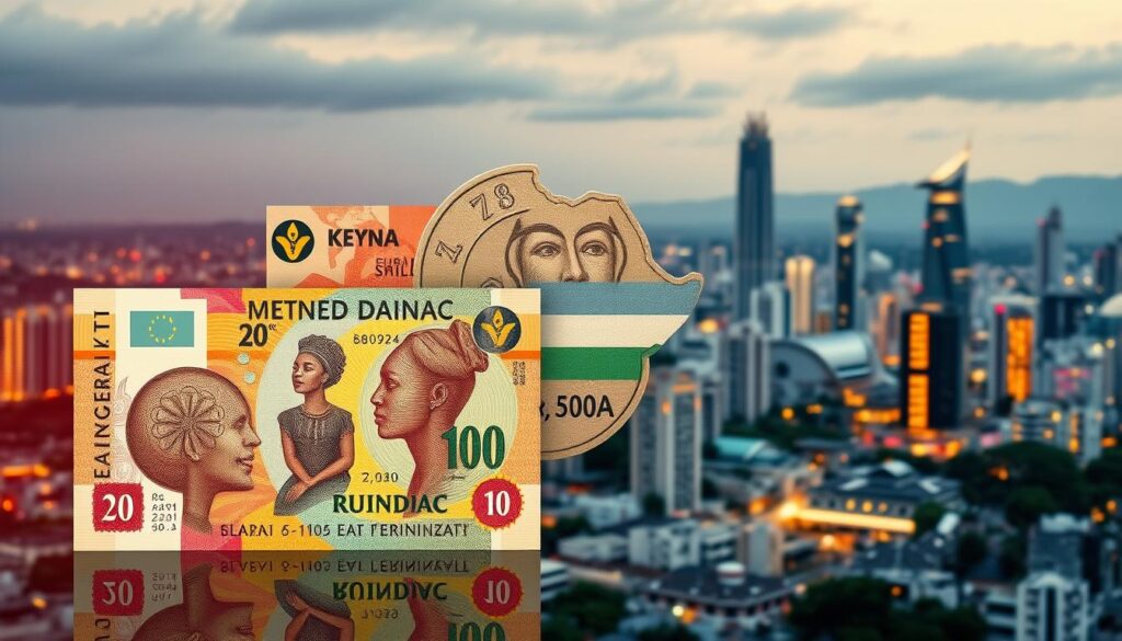 A vibrant mosaic of currencies from the East African Community showcasing the Burundian franc against a backdrop of dynamic economic integration The foreground features the franc's distinctive design, with intricate patterns and symbolic imagery capturing the nation's cultural heritage. In the middle ground, a collage of other regional currencies - the Kenyan shilling, Ugandan shilling, Tanzanian shilling, and Rwandan franc - representing the interconnected financial landscape of East Africa. The background depicts a sophisticated cityscape, reflecting the bustling economic activity and cross-border trade enabled by this shared monetary framework. Soft, warm lighting illuminates the scene, conveying a sense of prosperity and cooperation within the region.