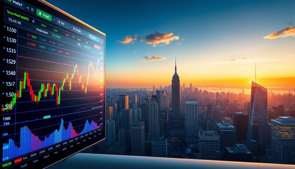A vibrant real time forex trading dashboard with a sleek intuitive interface The foreground displays dynamic currency exchange rate charts candlestick patterns and trending indicators illuminated by a soft diffused lighting The middle ground showcases a world map with pulsing data points tracing global currency flows while the background features a panoramic cityscape of skyscrapers and financial landmarks bathed in a warm golden hour glow The overall scene conveys a sense of energy transparency and the fast paced nature of the live forex market