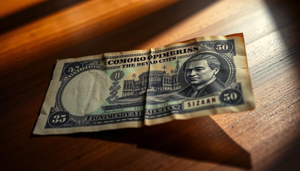 A well lit detailed close up of an opened antique Comoros banknote lying on a wooden table The banknote is carefully placed showcasing its intricate design elements such as intricate patterns subtle watermarks and distinctive security features The lighting creates warm diffused shadows that accentuate the texture and age of the paper The background is slightly blurred keeping the focus on the delicate preserved banknote A sense of reverence and preservation is conveyed through the careful composition and lighting