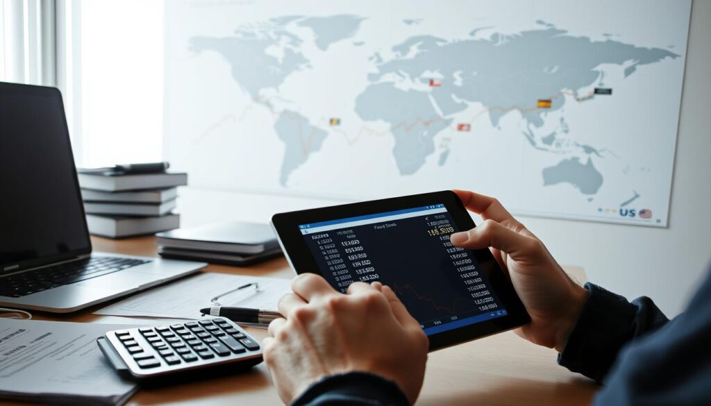 A welllit office setting with a desk featuring a laptop calculator and financial documents In the foreground a person carefully examining currency exchange rates on a tablet In the middle ground a chart depicting fluctuating currency values across multiple countries The background showcases a world map with relevant financial centers highlighted The overall scene conveys a thoughtful analytical mood emphasizing the complexities of managing multicurrency savings and the importance of strategic risk mitigation A well lit office setting with a desk featuring a laptop calculator and financial documents In the foreground a person carefully examining currency exchange rates on a tablet In the middle ground a chart depicting fluctuating currency values across multiple countries The background showcases a world map with relevant financial centers highlighted The overall scene conveys a thoughtful analytical mood emphasizing the complexities of managing multi currency savings and the importance of strategic risk mitigation