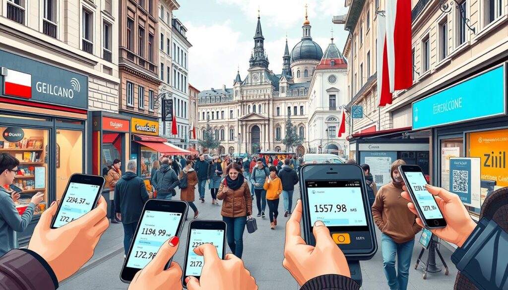 a highly detailed realistic photorealistic digital illustration of modern digital payment systems in Poland showcasing various payment methods including contactless creditdebit cards mobile wallets and QR code transactions The scene depicts a busy city street with people using their smartphones and payment cards to make purchases at a variety of shops cafes and kiosks The foreground features several close up views of payment terminals and screens displaying Polish zloty amounts The middle ground shows crowds of pedestrians and vehicles while the background includes recognizable Polish architectural elements and landmarks The lighting is natural and evenly distributed with a slightly warm color temperature The camera angle is a low wide perspective to capture the full scope of the digital payment ecosystem