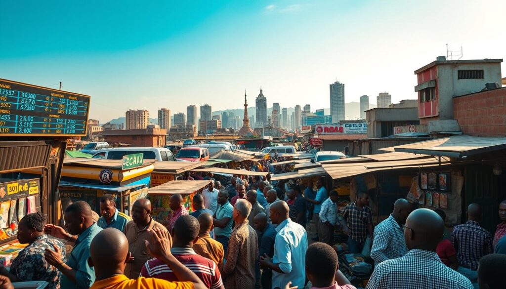 A bustling Congo Forex Market bathed in warm afternoon light In the foreground traders negotiate furiously their hands gesturing animatedly as they monitor digital displays of exchange rates The middle ground is a tapestry of colorful kiosks and stalls each offering a diverse array of currencies and financial services In the background the cityscape rises a blend of modern high rises and weathered colonial era buildings hinting at the dynamic economic landscape of the Democratic Republic of Congo The scene exudes a sense of energy and hustle reflecting the importance of this market in shaping the nations currency and financial fortunes