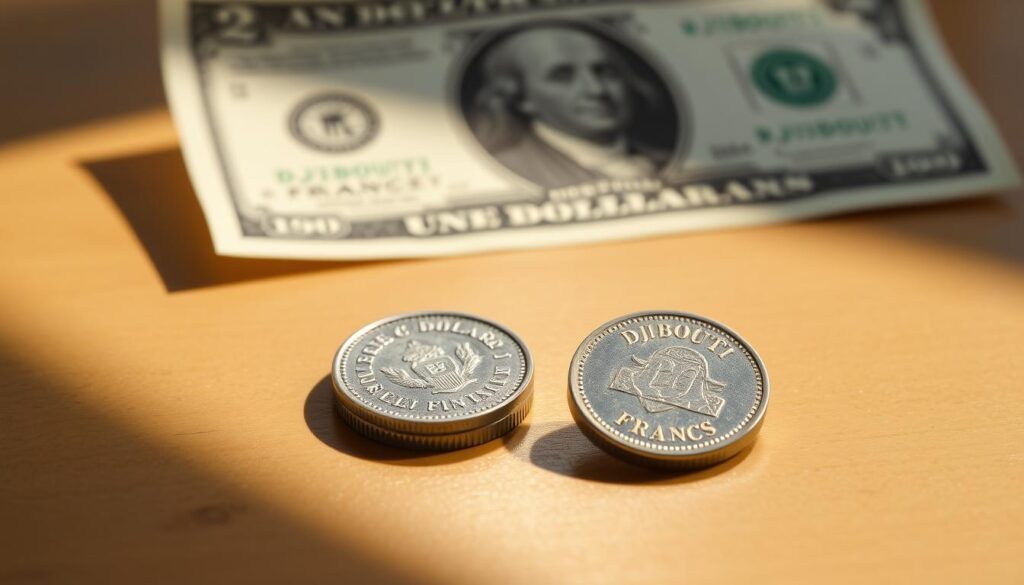 A close up view of two Djibouti francs coins resting on a polished wooden surface casting sharp shadows under bright natural lighting In the background a crisp US dollar bill is prominently displayed symbolizing the historical peg between the Djiboutian franc and the US dollar The image conveys a sense of financial stability and the close economic ties between Djibouti and the global financial system The composition emphasizes the visual contrast between the local currency and the international reserve currency highlighting the significance of Djiboutis monetary policy in its historical context