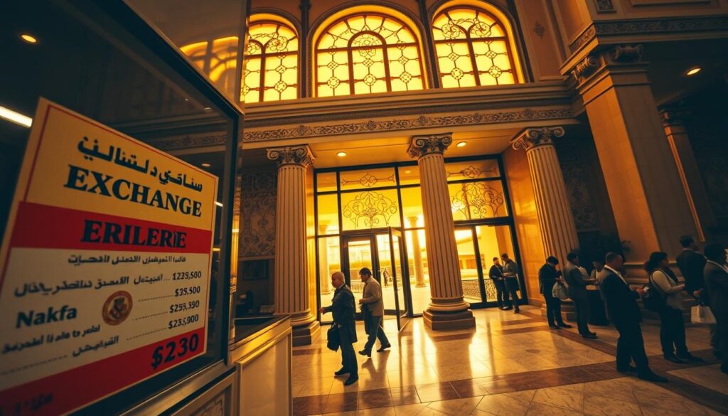 A high contrast wide angle photograph of a foreign exchange office in Asmara Eritrea In the foreground a tellers window with signage displaying the Eritrean nakfa currency exchange rates The middle ground features customers queuing and filling out transaction forms The background showcases the ornate Art Deco architecture of the building with intricate tile patterns and imposing columns Warm golden lighting filters through the large windows creating a sense of antiquity and bureaucratic formality The overall mood evokes the strict financial regulations and controls governing Eritrean foreign exchange