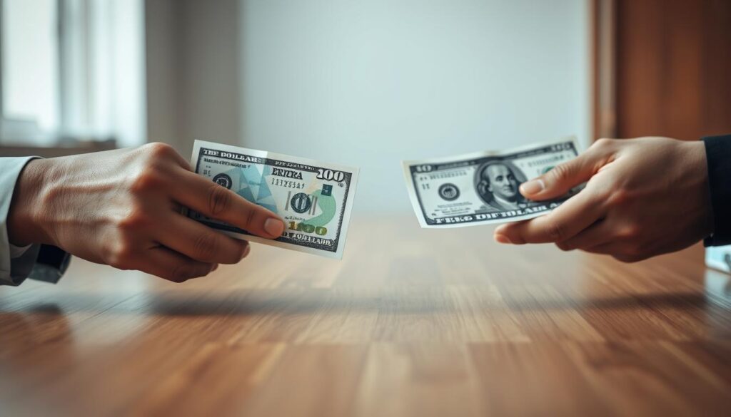 A well lit close up view of two pairs of hands exchanging Eritrean nakfa banknotes and US dollar bills over a wooden table The hands are in the foreground with a neutral muted color palette and soft lighting to create a calm professional atmosphere In the middle ground the table surface has a clean uncluttered appearance allowing the currency exchange to be the focal point The background is slightly blurred suggesting an office or financial setting The overall composition emphasizes the act of exchanging Eritrean currency for US dollars conveying the practical and straightforward nature of the transaction