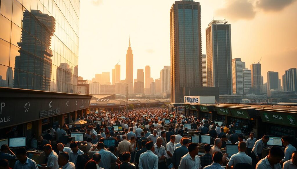 A bustling Philippine money market bathed in warm golden light In the foreground a crowded trading floor with brokers and investors engaged in lively transactions their faces focused and intent Towering glass skyscrapers in the middle ground reflect the citys modern financial district while in the background the iconic skyline of Manila rises a blend of historic architecture and gleaming high rises The atmosphere is one of energy and vitality capturing the pulse of the Philippine economy