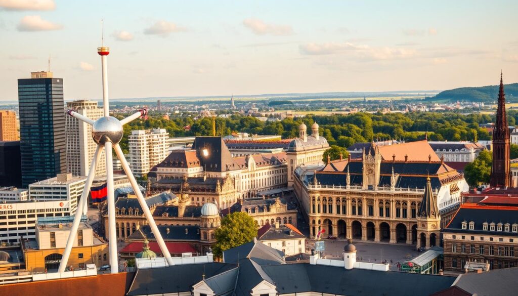 A bustling cityscape of Brussels the capital of Belgium showcasing the nation's financial might. In the foreground, the iconic Atomium structure stands tall, symbolizing the country's technological prowess. Surrounding it, modern skyscrapers and office buildings housing multinational corporations, their gleaming facades reflecting the vibrant economic activity. In the middle ground, the historic Grand-Place square, with its ornate guild houses and the majestic town hall, a testament to Belgium's rich heritage. In the background, the rolling hills and lush greenery of the Flemish countryside, hinting at the nation's agricultural and natural resources. The scene is bathed in warm, golden light, conveying a sense of prosperity and stability that defines the Belgian economy.