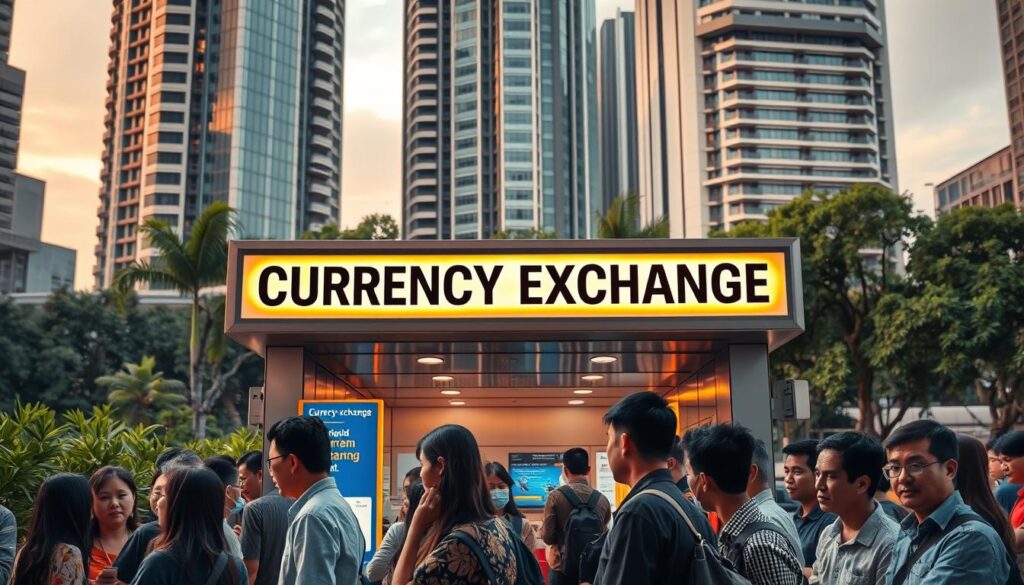 A bustling currency exchange booth set against the backdrop of a modern Malaysian cityscape The booths signage prominently displays CURRENCY EXCHANGE in bold lettering inviting passersby to conduct their foreign exchange transactions Customers queue patiently their faces a mix of focused determination and anticipation as they await their turn to exchange their currencies The booth is illuminated by warm natural lighting casting a golden glow over the scene The surrounding architecture features sleek contemporary skyscrapers and lush greenery creating a vibrant cosmopolitan atmosphere The overall composition conveys the efficiency and convenience of currency exchange in Malaysia catering to the needs of both locals and international travelers