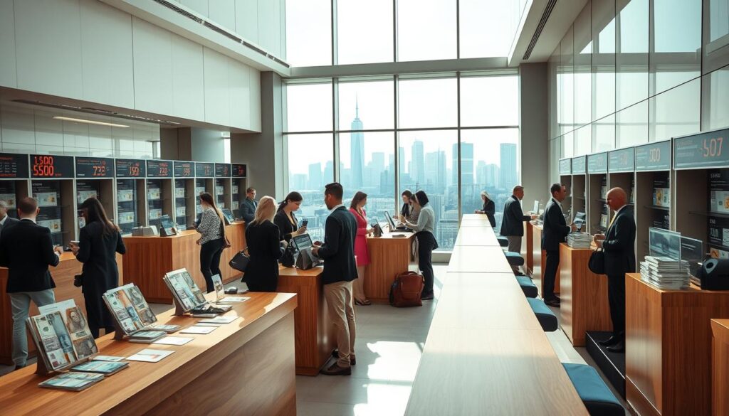 A bustling currency exchange office with a sleek modern interior and large windows flooding the space with natural light Wooden counters stretch across the foreground adorned with various currencies and exchange rate displays In the middle ground customers engage with attentive staff discussing their exchange options The background features a striking city skyline hinting at the international nature of the establishment The overall atmosphere is one of efficiency professionalism and a touch of cosmopolitan flair reflecting the needs of the discerning traveler