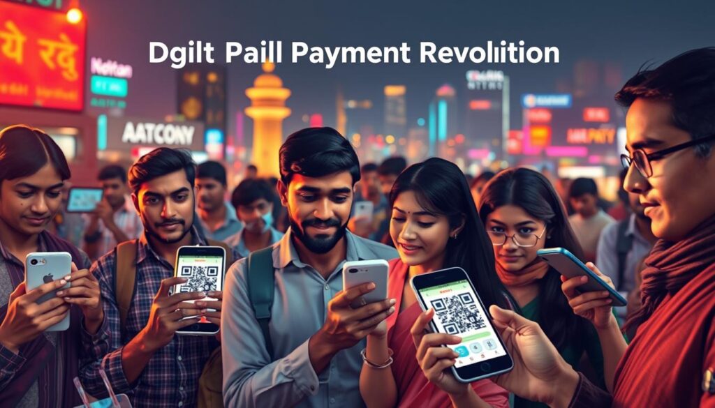 A bustling digital payment landscape in India with smartphone users seamlessly transacting through QR codes digital wallets and mobile banking apps Set against the backdrop of vibrant cityscapes the image showcases the seamless integration of fintech into the daily lives of Indians Warm lighting accentuates the sleek modern interfaces of digital payment platforms while a sense of efficiency and convenience permeates the scene The composition highlights the ubiquity of digital payments with individuals from diverse socioeconomic backgrounds confidently navigating the new financial ecosystem An overarching sense of progress and innovation captures the transformative Digital Payment Revolution underway in India