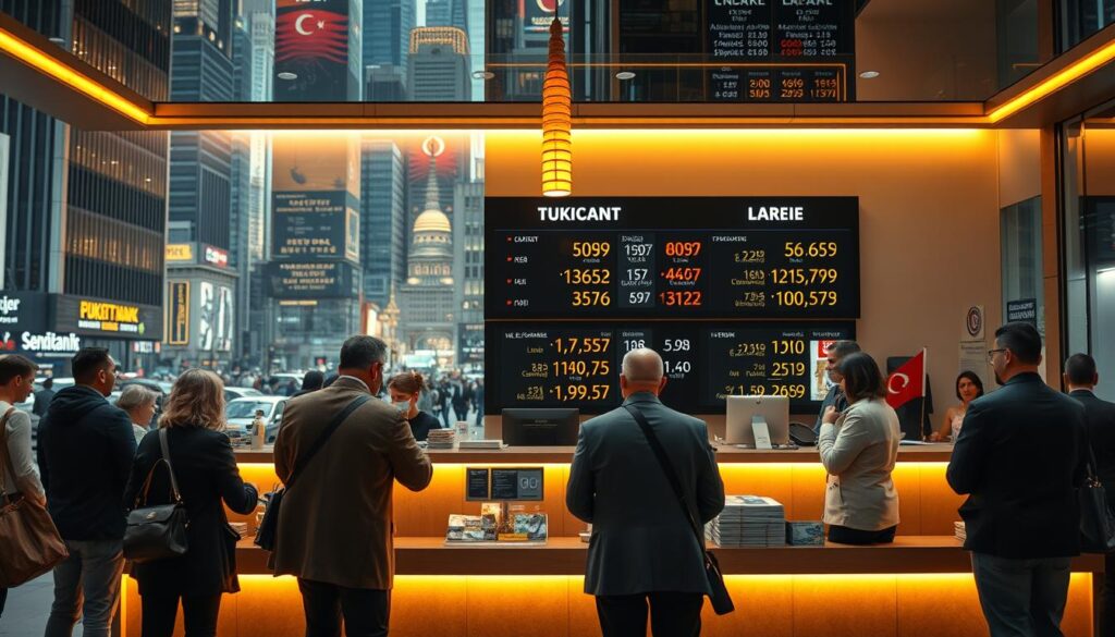 A bustling foreign exchange office in a vibrant Turkish city with a prominent display of the Turkish Lira exchange rate against major global currencies The counter is illuminated by warm golden lighting creating an inviting atmosphere Customers engage with knowledgeable staff discussing the latest currency fluctuations The background is filled with the hustle and bustle of a thriving financial district with towering skyscrapers and the occasional glimpse of a traditional Turkish architectural element The overall scene conveys the dynamic and ever changing nature of the Turkish Liras value in the global market