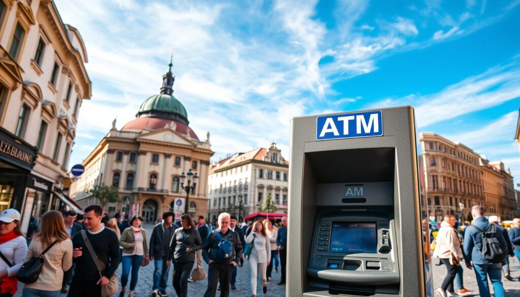 A bustling street in Vienna Austria with a modern ATM machine prominently featured in the foreground The ATM is surrounded by pedestrians and locals going about their daily business creating a lively urban atmosphere The middle ground showcases the charming architecture of the city with historic buildings and cobblestone streets In the background a blue sky with wispy clouds adds a sense of tranquility juxtaposed against the activity in the foreground The scene is illuminated by warm natural lighting creating a welcoming and inviting ambiance The overall composition emphasizes the accessibility and convenience of banking services for tourists exploring the vibrant city of Vienna
