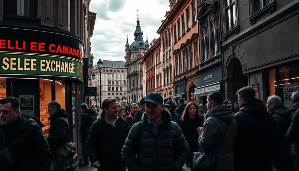 A bustling street in the heart of Prague Czech Republic with a shady currency exchange office in the foreground The exterior is adorned with misleading signage and bright neon lights creating an air of deception Passersby are wary their expressions hinting at frustration and caution The middle ground features a group of tourists their faces etched with confusion as they engage with the exchange staff In the background the iconic architecture of Pragues historic center serves as a picturesque yet unsettling backdrop underscoring the contrast between the citys beauty and the shadowy world of currency scams Dramatic lighting casts deep shadows lending an ominous atmosphere to the scene
