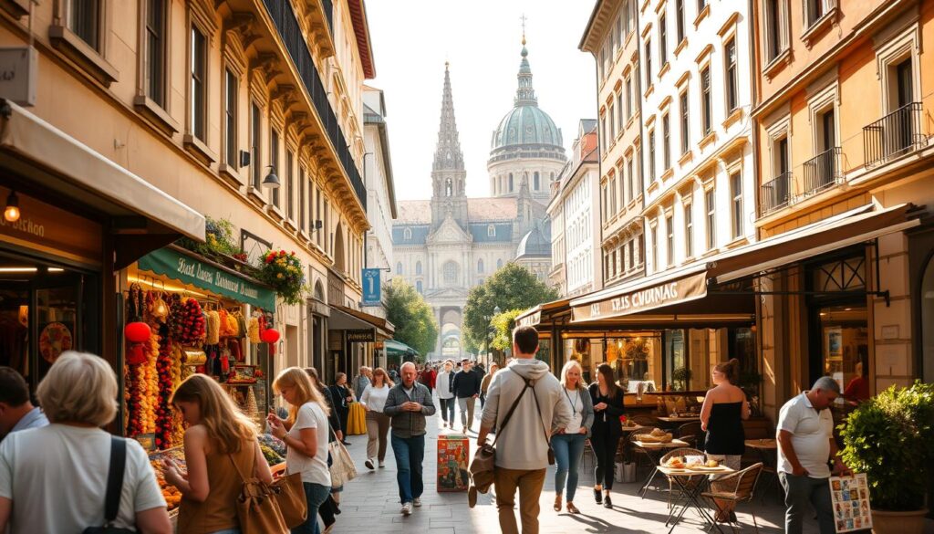 A bustling street in the heart of Vienna Austria bathed in warm afternoon sunlight In the foreground a group of locals and tourists browse charming open air market stalls examining locally crafted trinkets and produce In the middle ground a quaint cafe with a cozy patio patrons sipping coffee and enjoying traditional Viennese pastries In the background the iconic spires of St Stephens Cathedral rise majestically a reminder of the citys storied history Soft diffused lighting highlights the vibrant colors and textures creating an inviting comfortable atmosphere for savvy shoppers seeking money saving tips in this European capital
